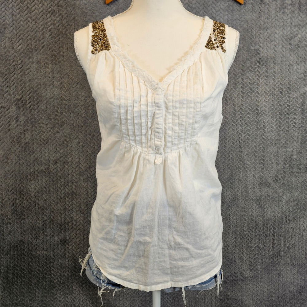 Calvin Klein Jeans Womens White‎ Cotton Beaded Pintuck Sleeveless Blouse L 932